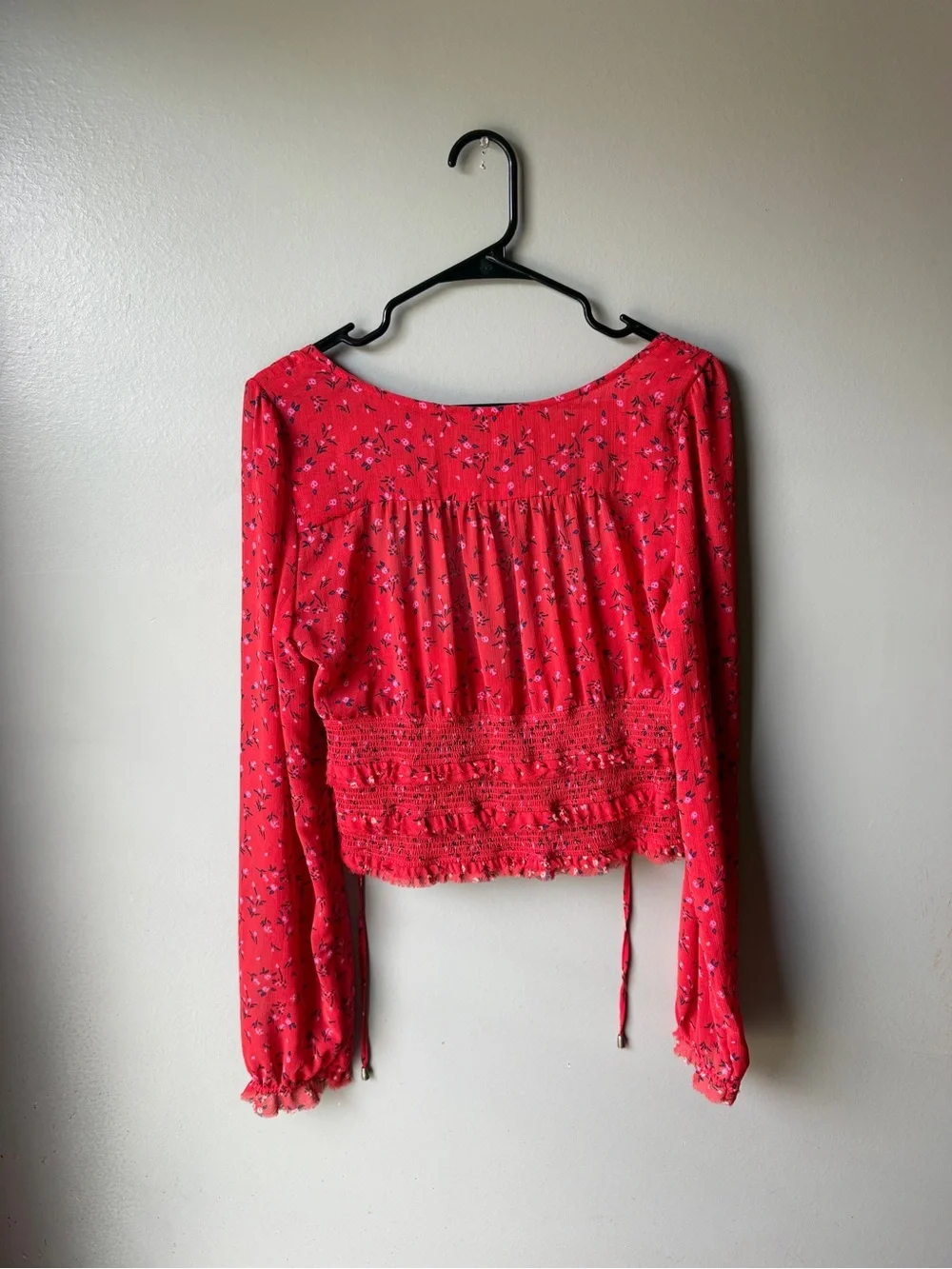 Red Floral Free People Smocked Lolita Long Sleeve Boho Cottagecore Top